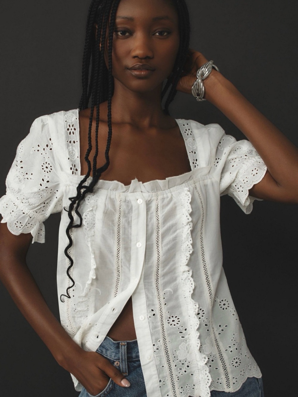 Anthropologie Puff-Sleeve Eyelet Top in white